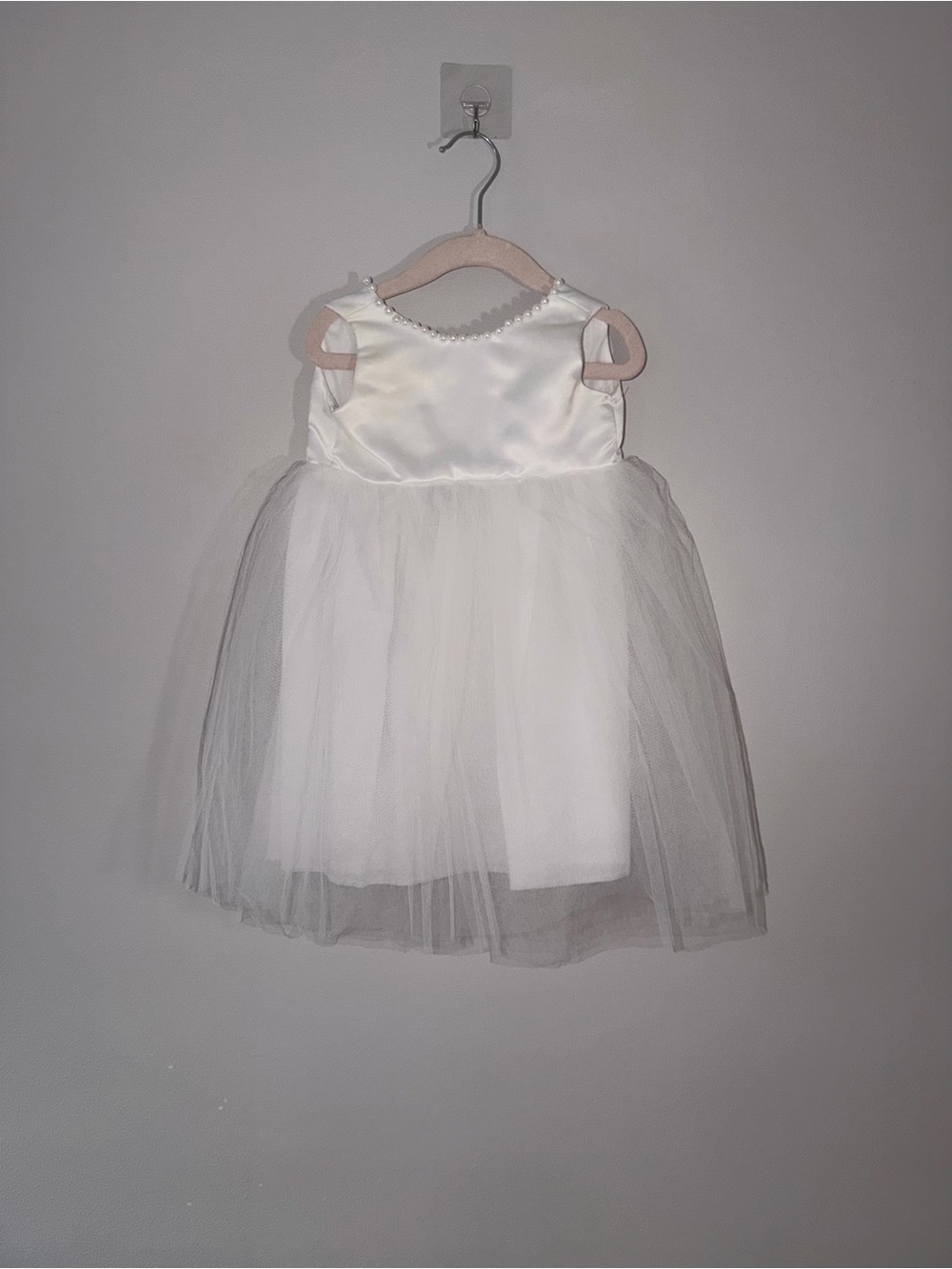 Baby Girls White Satin Tulle Dress Set with Bloomers & Headband 6-12M